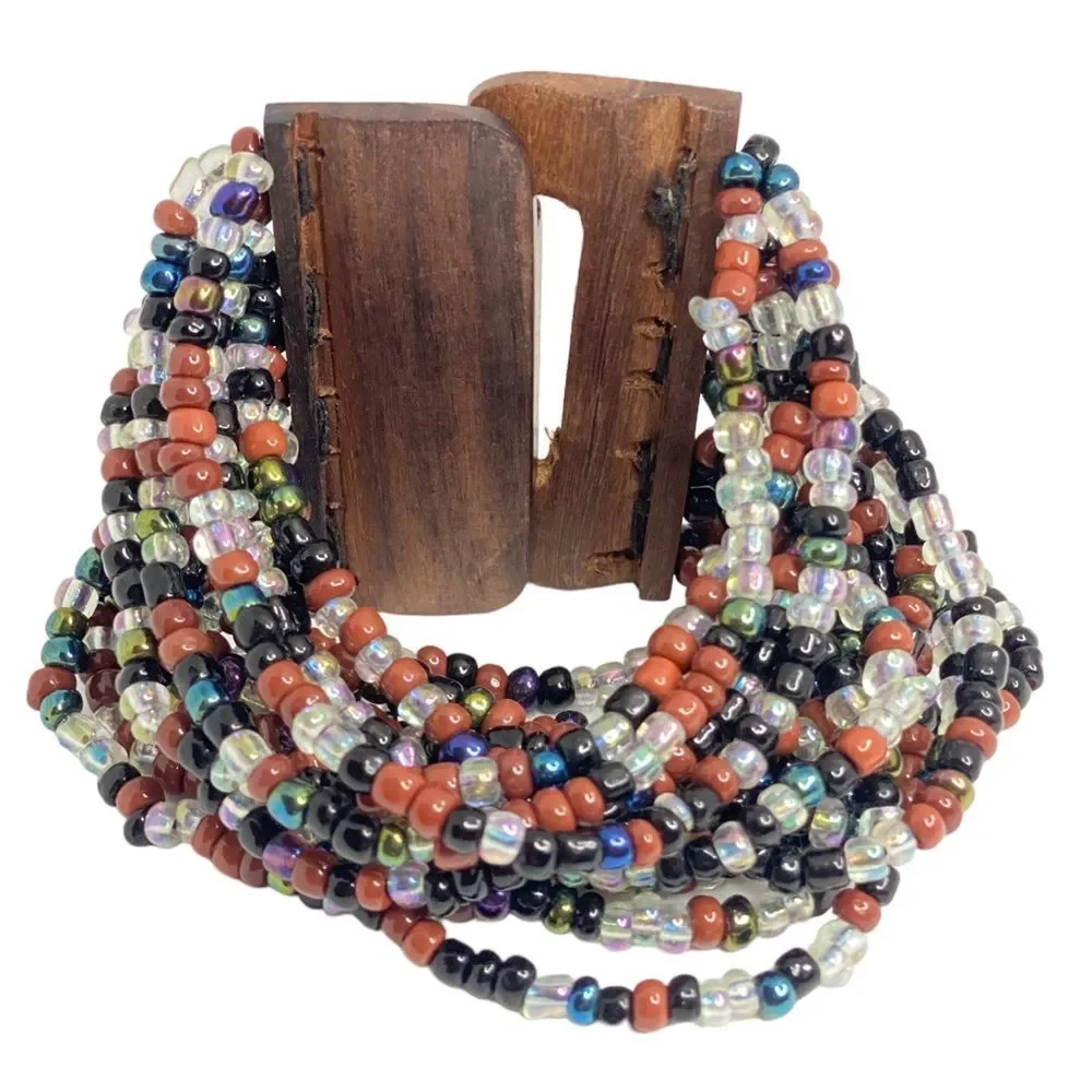 Multi Seed Bead Layered Necklace Wooden Buckle‎ Stretchy Bracelet